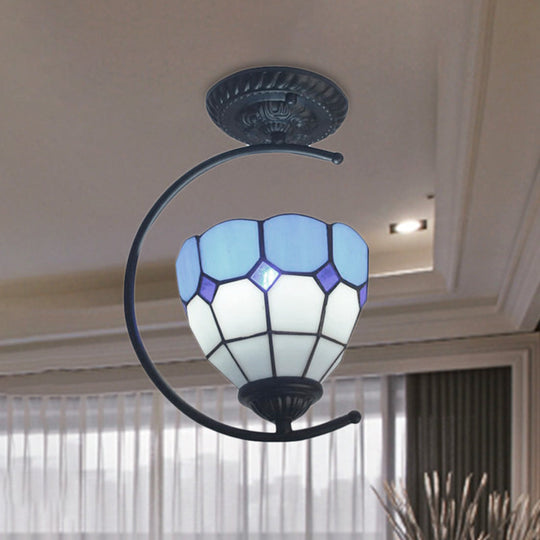 Plafonnier semi-encastré en verre Tiffany bleu ciel - Lampe d'art en forme de dôme de grille pour chambre à coucher