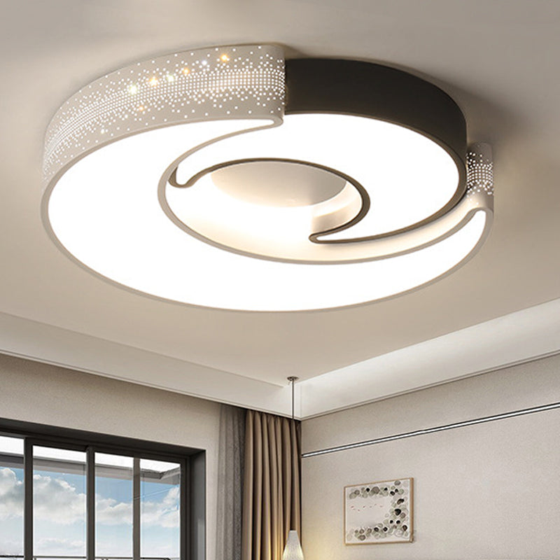 Contemporary 2-Moon LED Flush Ceiling Light for Kid's Bedroom - Metal Acrylic, Black & White