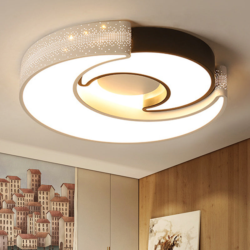 Contemporary 2-Moon LED Flush Ceiling Light for Kid's Bedroom - Metal Acrylic, Black & White
