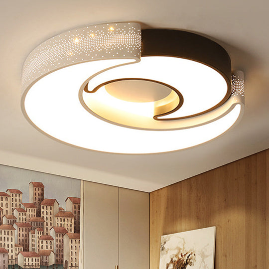 Contemporary 2-Moon LED Flush Ceiling Light for Kid's Bedroom - Metal Acrylic, Black & White