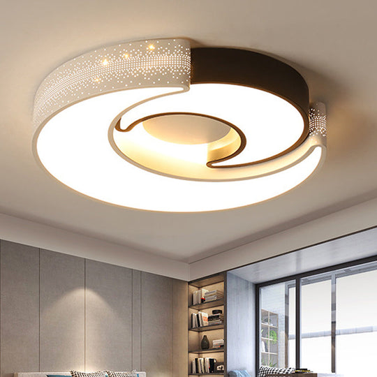 Contemporary 2-Moon LED Flush Ceiling Light for Kid's Bedroom - Metal Acrylic, Black & White