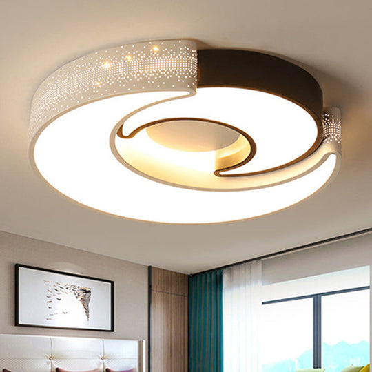 Contemporary 2-Moon Led Flush Ceiling Light For Kids Bedroom - Metal Acrylic Black & White