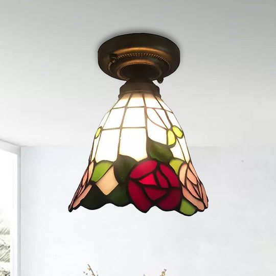 Tiffany Stained Glass Ceiling Mount Light for Cloth Shop – 1-Head Flower/Bird/Phoenix Design in Black with Pink & Red Rose Accents
