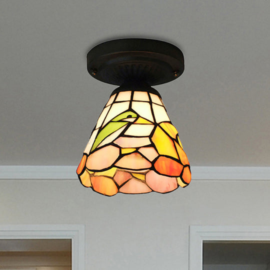 Tiffany Stained Glass Ceiling Mount Light For Cloth Shop 1-Head Flower/Bird/Phoenix Design In Black