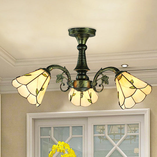 Suspension en verre teinté bronze antique : feuille/queue de paon/fleur style Tiffany, 3/5 lumières