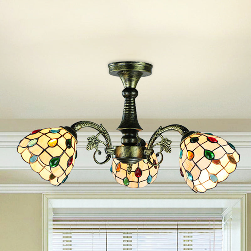 Suspension en verre teinté bronze antique : feuille/queue de paon/fleur style Tiffany, 3/5 lumières