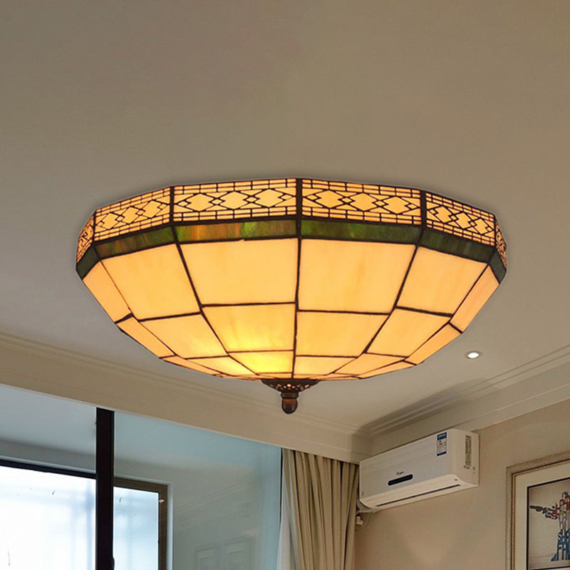 Bowl Flush Ceiling Light 8"/8.5"/10" Stained Glass 3 Lights in Beige - Traditional Flush Lighting for Living Room