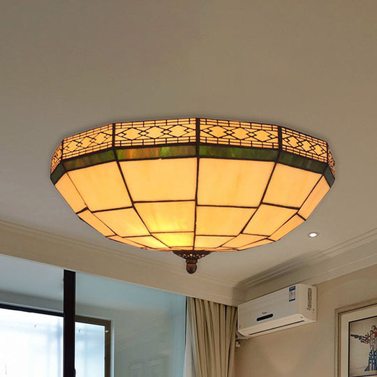 Bowl Flush Ceiling Light 8/8.5/10 Stained Glass 3 Lights In Beige - Traditional Lighting For Living