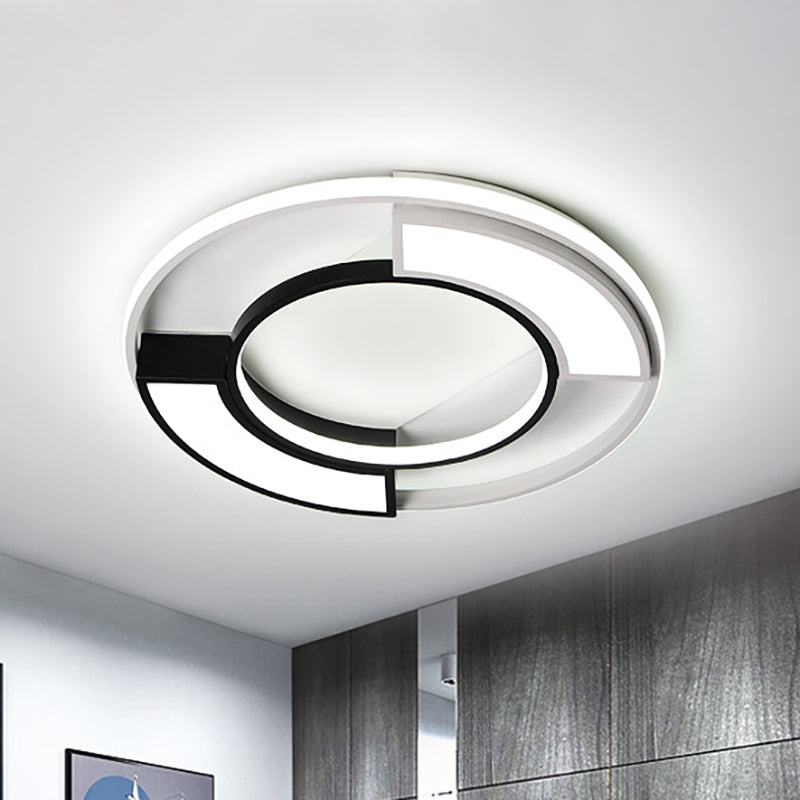 Modernism Ring Flushmount Light with Frosted Diffuser - Metallic Black and White LED Ceiling Light, 16"/19.5" - Warm/White