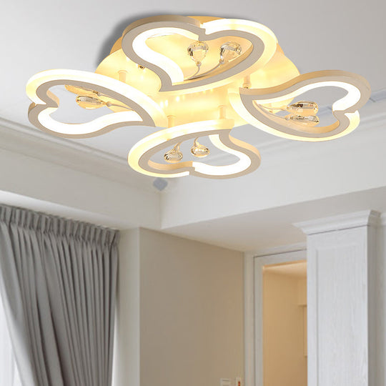 White Heart Shape LED Acrylic Ceiling Lamp - Modern Semi Flush Light with Crystal Accent - 19.5"/23.5"/31.5" W - Warm/White Light