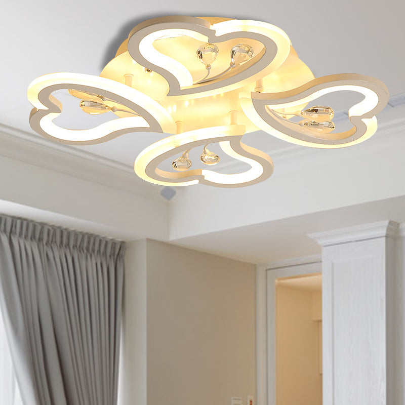 White Heart Shape Led Acrylic Ceiling Lamp - Modern Semi Flush Light With Crystal Accent