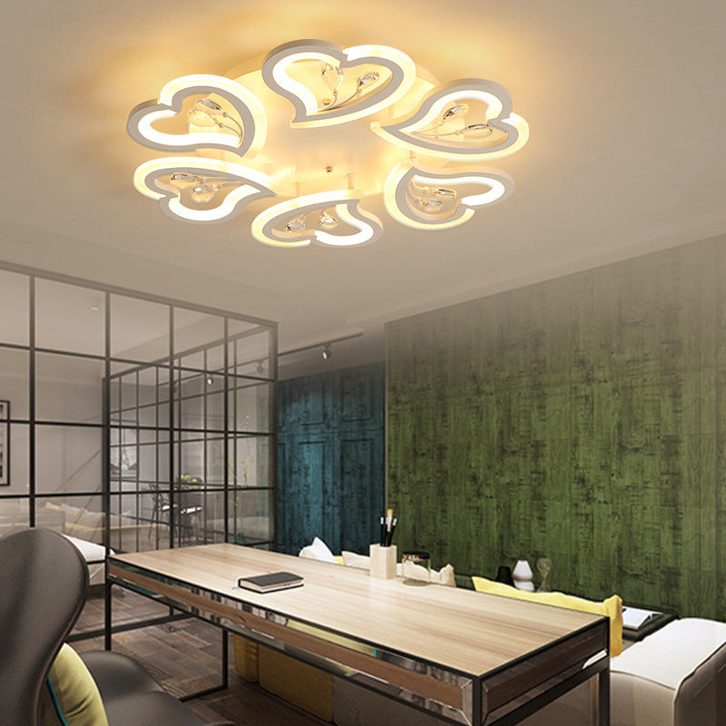 White Heart Shape LED Acrylic Ceiling Lamp - Modern Semi Flush Light with Crystal Accent - 19.5"/23.5"/31.5" W - Warm/White Light