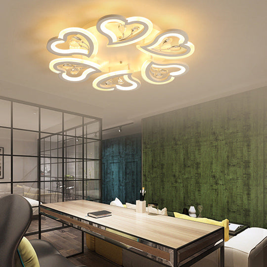 White Heart Shape LED Acrylic Ceiling Lamp - Modern Semi Flush Light with Crystal Accent - 19.5"/23.5"/31.5" W - Warm/White Light