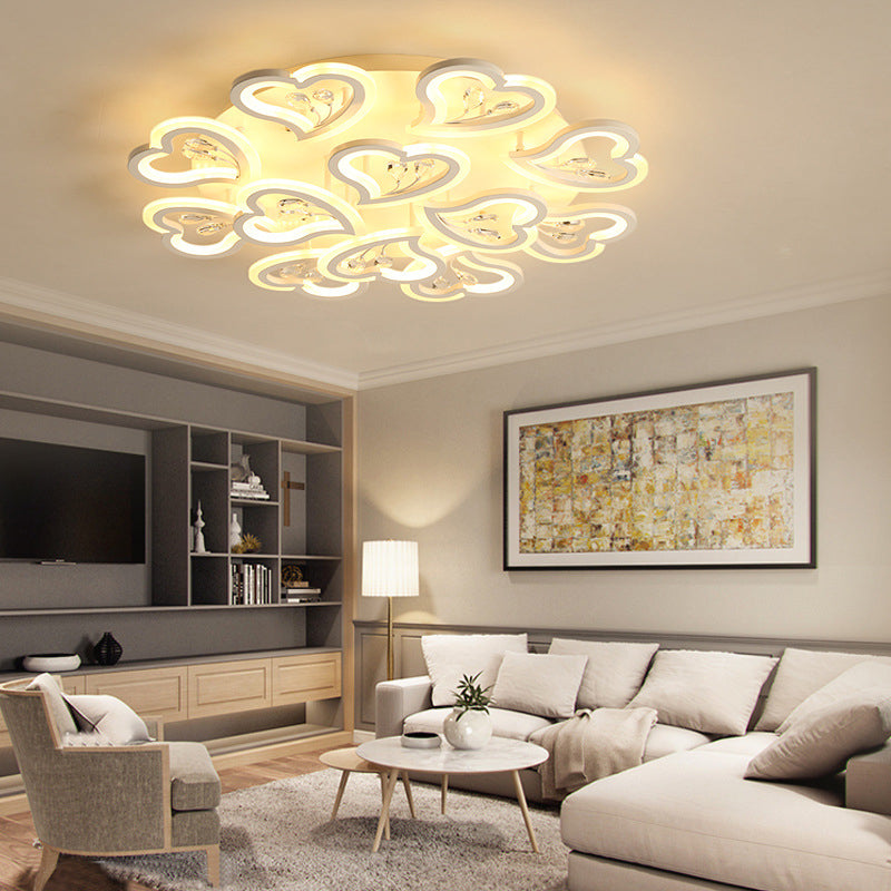 White Heart Shape Led Acrylic Ceiling Lamp - Modern Semi Flush Light With Crystal Accent