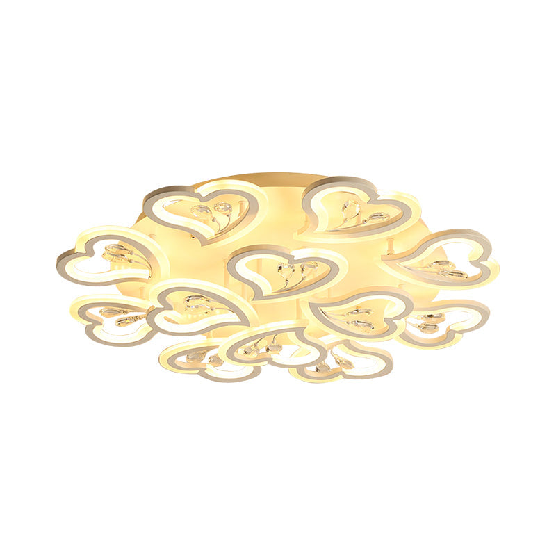 White Heart Shape LED Acrylic Ceiling Lamp - Modern Semi Flush Light with Crystal Accent - 19.5"/23.5"/31.5" W - Warm/White Light