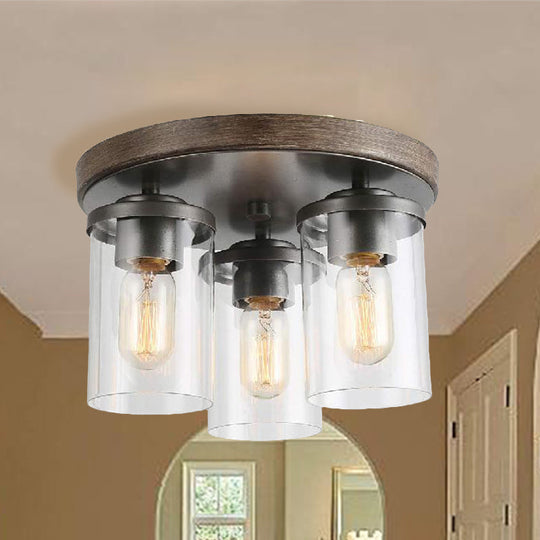 Industrial Clear Glass Flush Ceiling Light with 3 Bulbs - Bronze Finish - Ideal for Living Room
