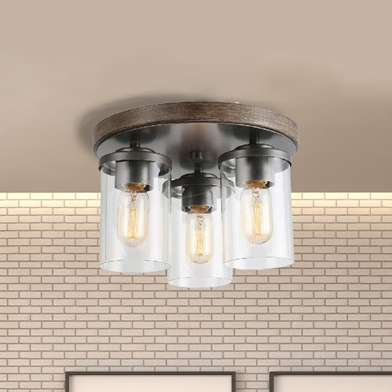 Industrial Clear Glass Flush Ceiling Light with 3 Bulbs - Bronze Finish - Ideal for Living Room