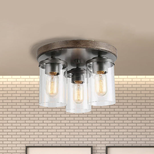 Clear Glass Cylinder Ceiling Light With Industrial Bronze Finish - 3 Bulbs For Living Room