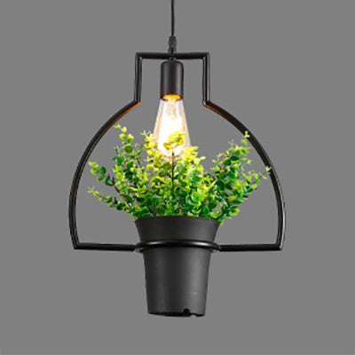 Industrial Style Metal Pendant Lamp with Hanging Frame, Ideal for Balcony – Black Finish