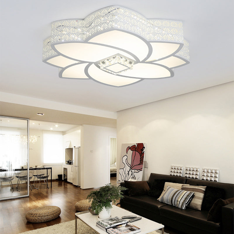 Contemporary Metal Flushmount Light: 23.5"/29.5" W LED White Ceiling Light with Crystal Accent, Warm/White Light