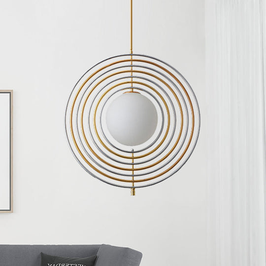 Gold Frosted Glass Orbit Pendant Light - Modern 1-Light Hanging Fixture for Dining Room with Concentric Rings