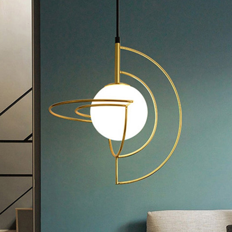 Gold Globe Pendant Light With Wire Frame And Milk Glass For Dining Room