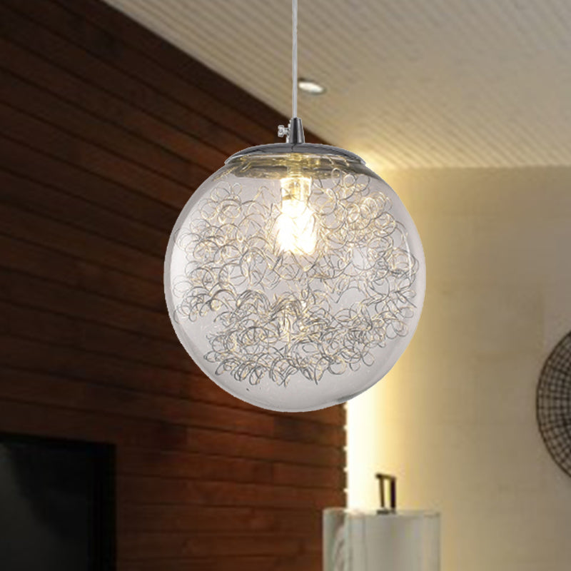 Modern Spherical Glass Pendant Light with Wire Deco - Clear, 1-Light Hanging Fixture
