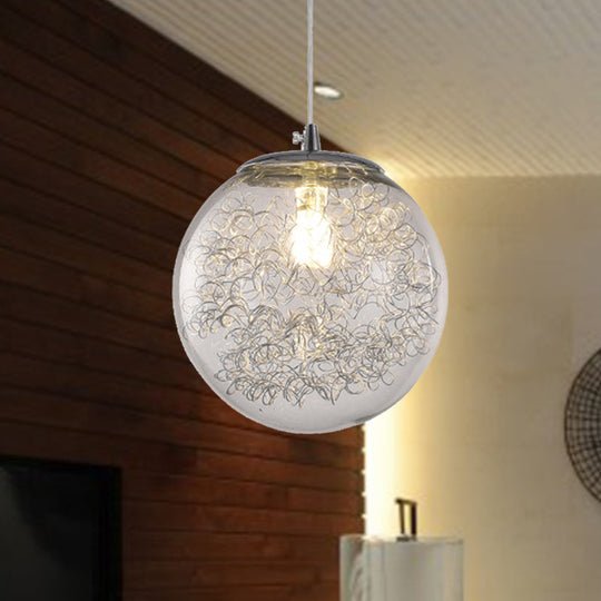 Modern Spherical Glass Pendant Light with Wire Deco - Clear, 1-Light Hanging Fixture