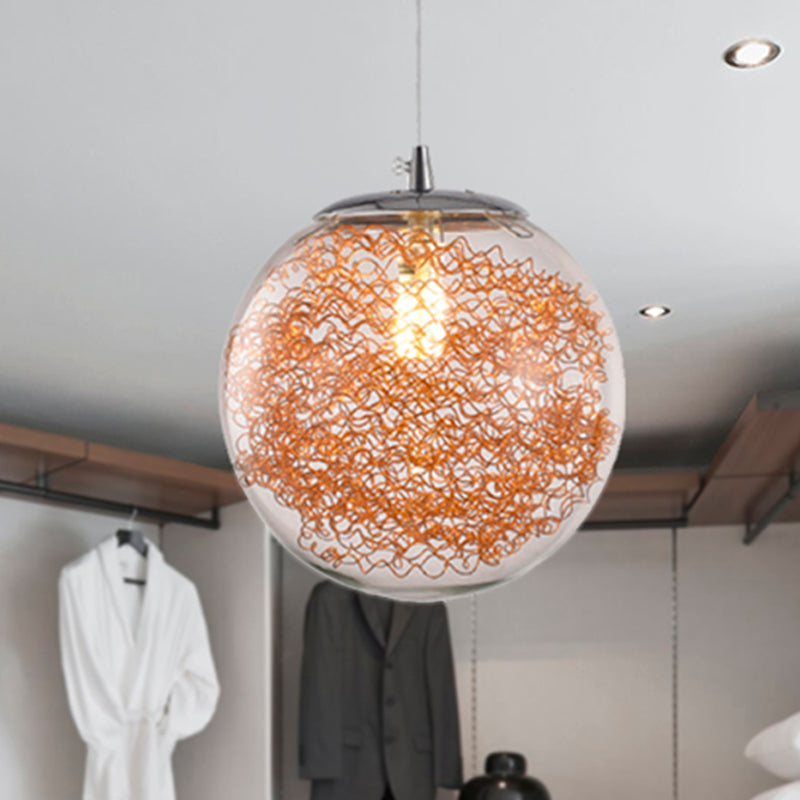 Modern Hanging Light: Clear Glass Sphere Pendant With Wire Deco - 1 Light Gold