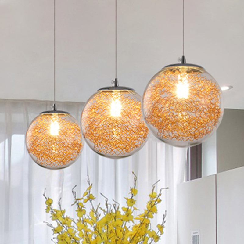 Modern Spherical Glass Pendant Light with Wire Deco - Clear, 1-Light Hanging Fixture
