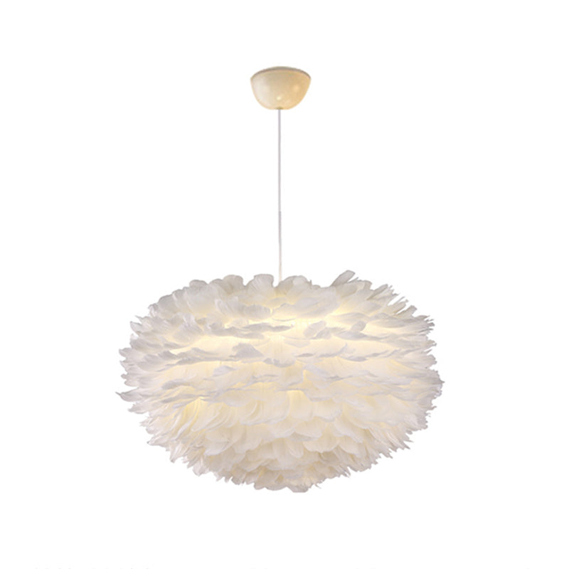 Nordic Style White Feather Chandelier Globe Shaped Hanging Lighting Fixture / 23.5