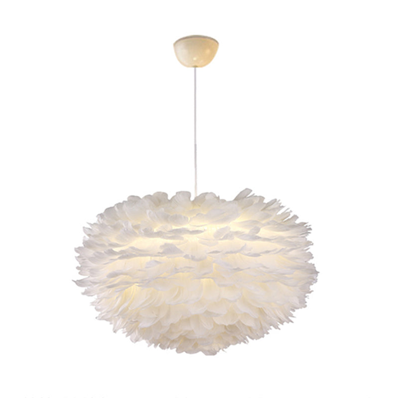 Nordic Style White Feather Chandelier Globe Shaped Hanging Lighting Fixture / 27.5