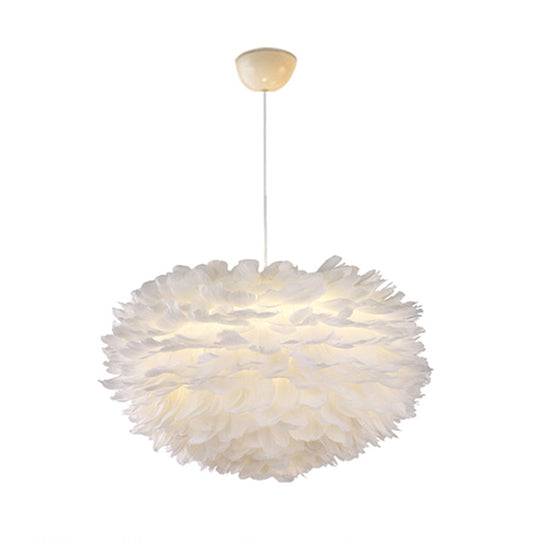Nordic Style White Feather Chandelier Globe Shaped Hanging Lighting Fixture / 27.5