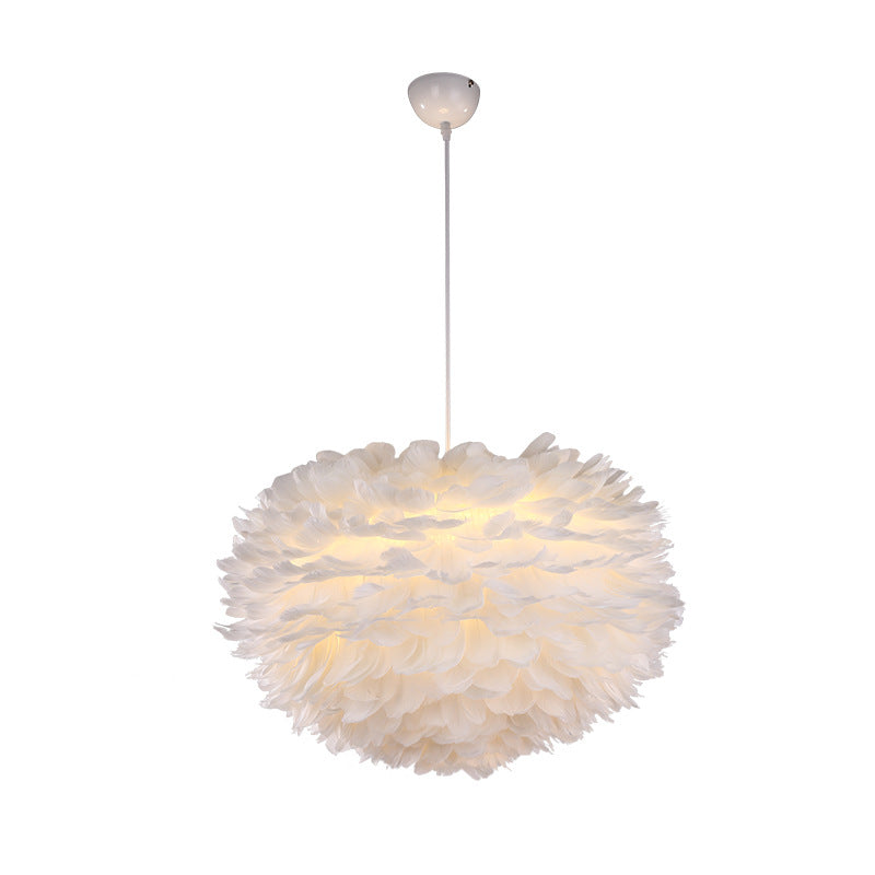 Nordic Style White Feather Chandelier Globe Shaped Hanging Lighting Fixture