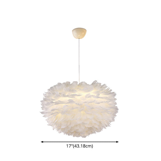 Nordic Style White Feather Chandelier Globe Shaped Hanging Lighting Fixture