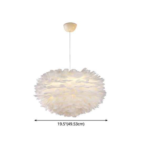 Nordic Style White Feather Chandelier Globe Shaped Hanging Lighting Fixture