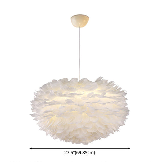 Nordic Style White Feather Chandelier Globe Shaped Hanging Lighting Fixture