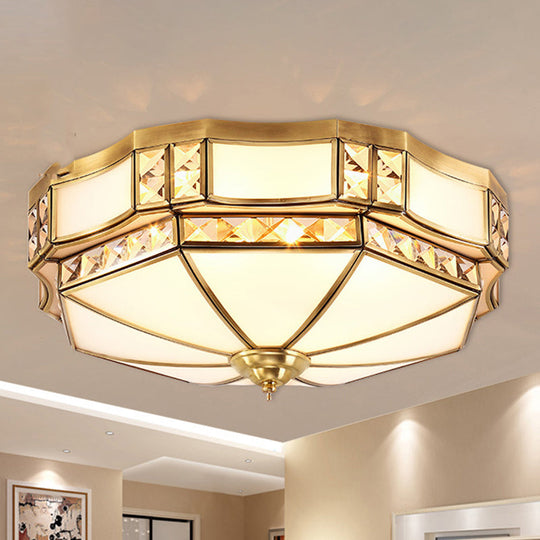 Traditional Yurt Flush Mount Lamp with Crystal Accent - 3/4/6 Lights and White Glass Ceiling