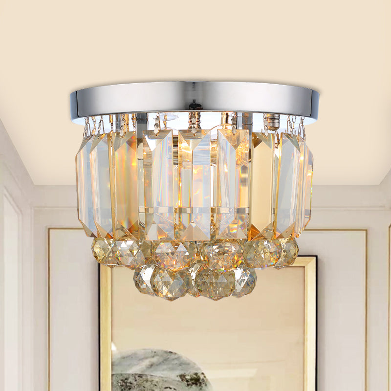 Crystal Mini Flush 2-Light Ceiling Fixture - Simple Design for Corridors - Clear/Smoke Gray/Cognac