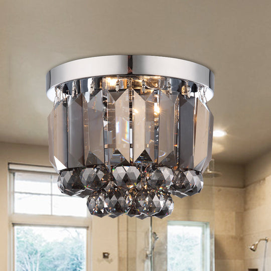 Crystal Mini Flush 2-Light Ceiling Fixture - Simple Design for Corridors - Clear/Smoke Gray/Cognac