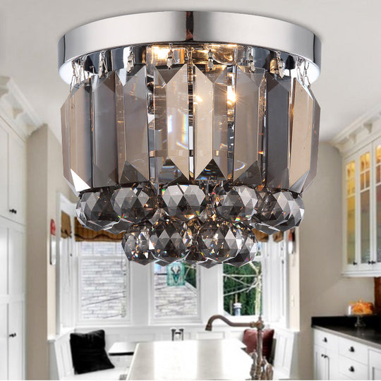Crystal Mini Flush 2-Light Ceiling Fixture - Simple Design for Corridors - Clear/Smoke Gray/Cognac