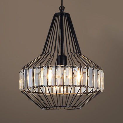 Black Metal Cage Crystal Block Pendant Ceiling Light With Geometric Design / 14.5