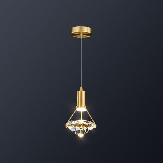 Brass Crystal Pendant Light with LED, Modern Diamond Crystal Ceiling Lighting for Bedroom