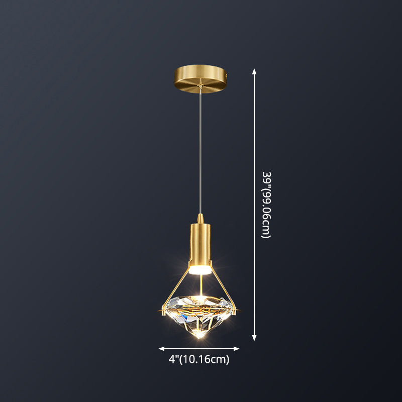 Brass Crystal Pendant Light with LED, Modern Diamond Crystal Ceiling Lighting for Bedroom
