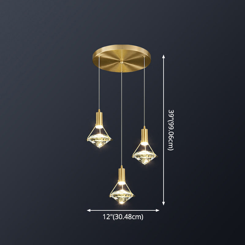 Brass Crystal Pendant Light with LED, Modern Diamond Crystal Ceiling Lighting for Bedroom