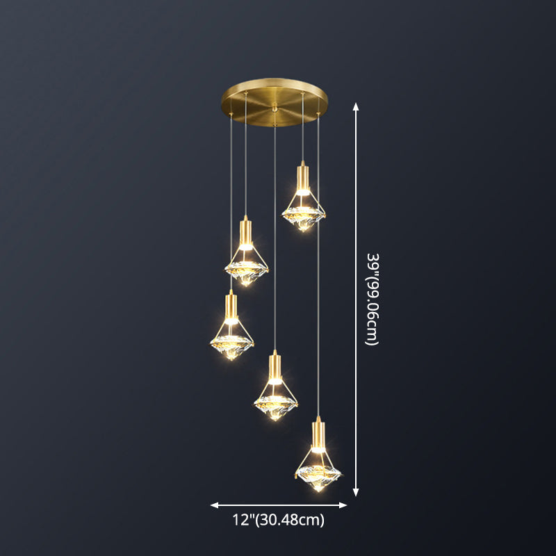Brass Crystal Pendant Light with LED, Modern Diamond Crystal Ceiling Lighting for Bedroom