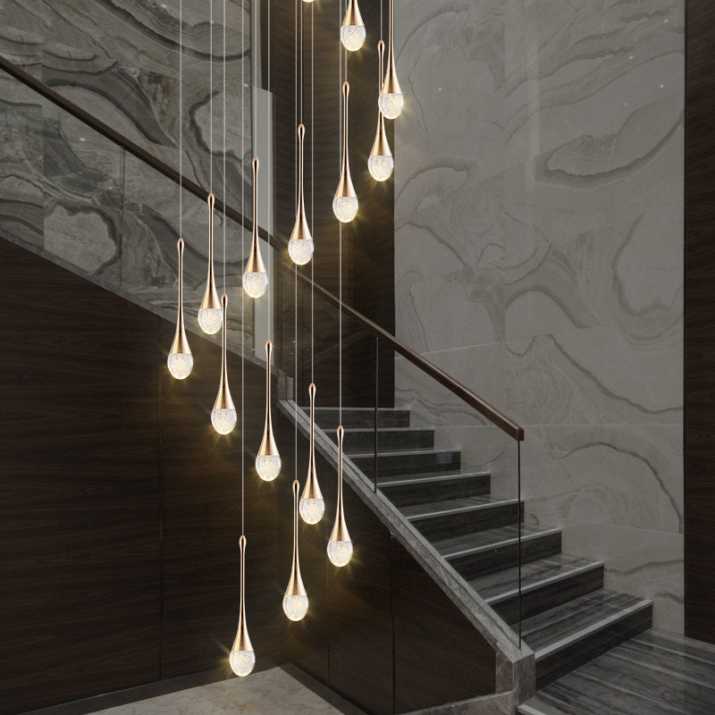 Brass Crystal Cone Pendant Light Set with Long LED Cascade - Perfect for Stairwell
