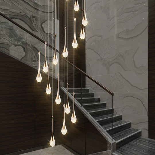 Brass Crystal Cone Pendant Light Set with Long LED Cascade - Perfect for Stairwell