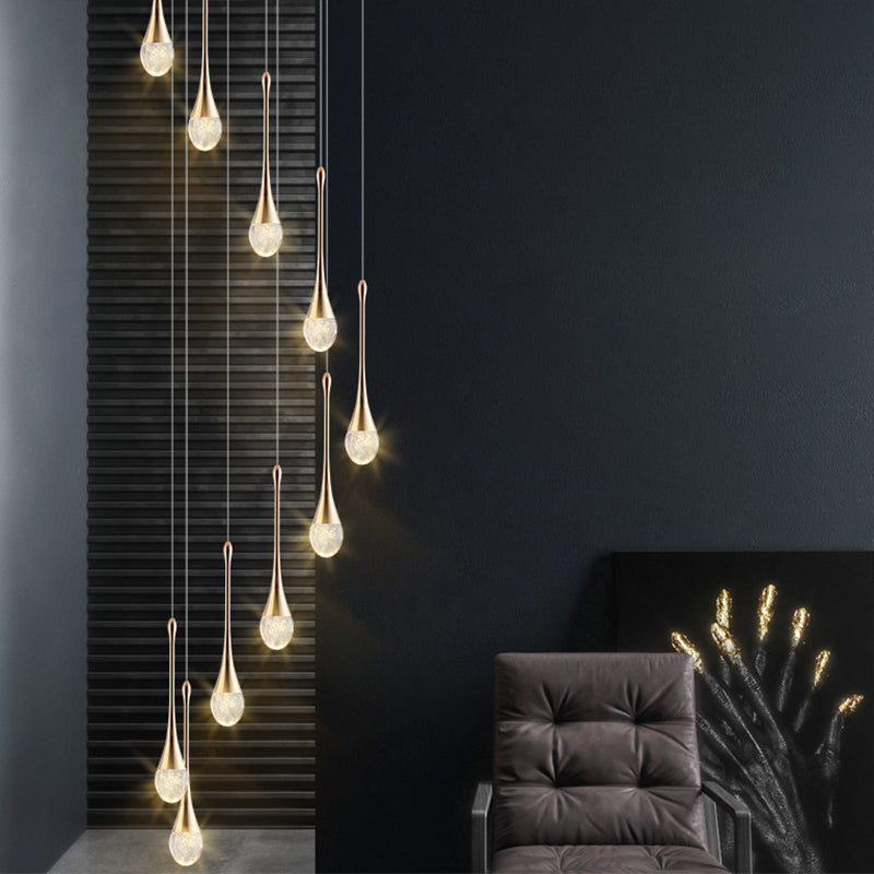Modern Brass Crystal Hanging Led Pendant Lights - Long Cone Cascade Design For Stairwell