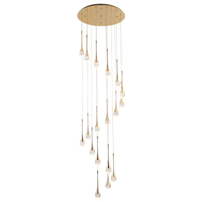 Brass Crystal Cone Pendant Light Set with Long LED Cascade - Perfect for Stairwell